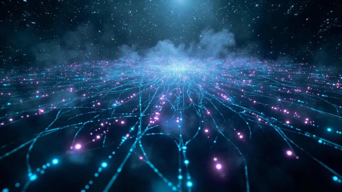 Glowing neural network nodes suspended in dark space with flowing data streams